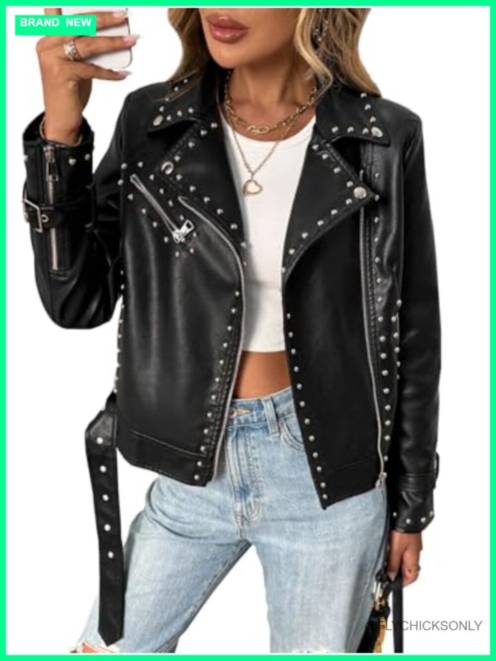 Studded Faux Leather Moto Jacket Punk Biker Coat with Rivets